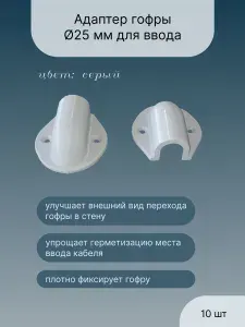 Угловой адаптер гофры 25мм для ввода гофры кабеля провода в стену серый 10 шт.