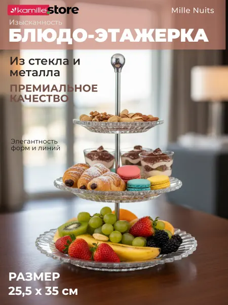 VESSEN Home&Kitchen Блюдо-этажерка из стекла, 3 яруса 25,5х35 см, Mille Nuits