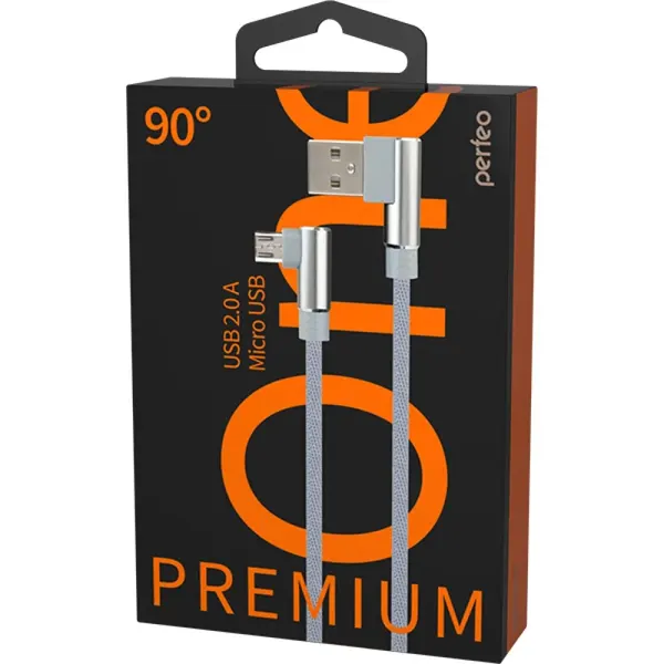 Кабель PERFEO USB2.0 A вилка - Micro USB вилка, угловой, серый, длина 1 м, бокс (U4805)