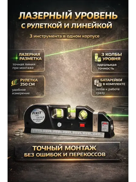 R023 Лазерный уровень с рулеткой 250 см и линейкой 3в1