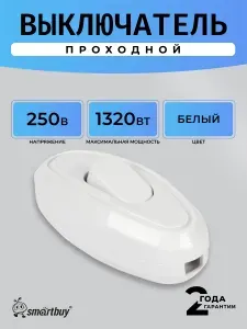 Выключатель Smartbuy, проходной 6А 250В (SBE-06-S04-w), белый