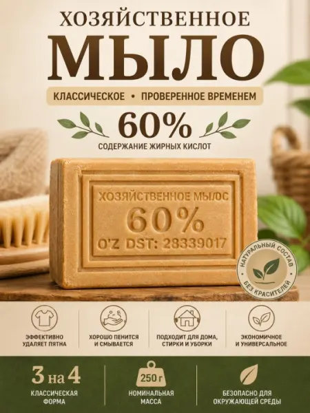 Хозяйственное мыло Baraka 60%, 250 г для стирки, уборки и удаления загрязнений