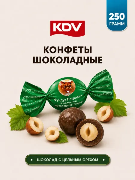 KDV Конфеты орехи Фундук Петрович в шоколаде 250 г
