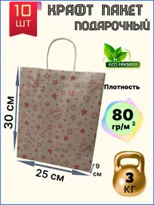 Крафт пакет с ручками бумажный 25х9х30 см Звездный принт 10 шт подарочный / из крафтовой бумаги