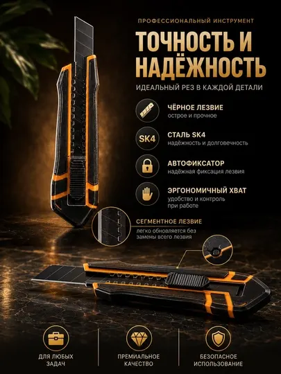 Нож канцелярский INGCO 25x127 мм, лезвие SK4, автофиксатор