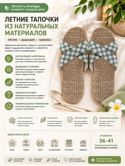 Женские тапочки летние (39-40; *260мм*), Подошва-Резина / Верх-Текстильные материал