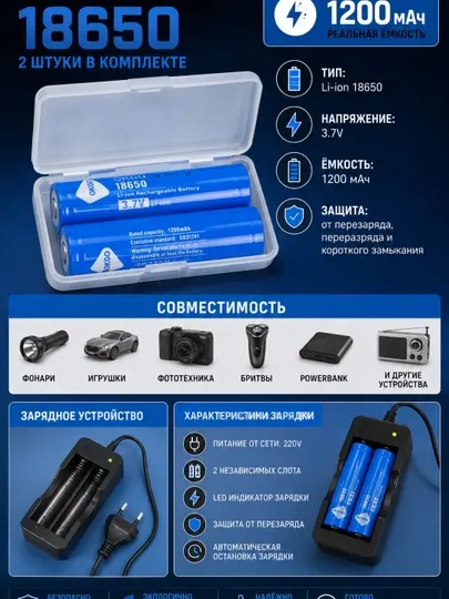 Аккумуляторы 18650 1200 мАч 2 шт с зарядным устройством 220 В на 2 слота