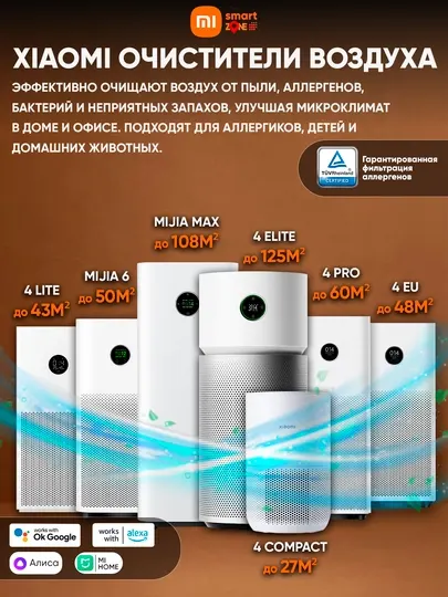 Очистители воздуха Xiaomi с HEPA-фильтр, PM2.5, Smart, 27–125 м², защита от аллергенов