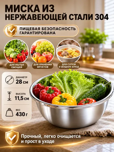 Миска кухонная из нержавеющей стали 304 28 см