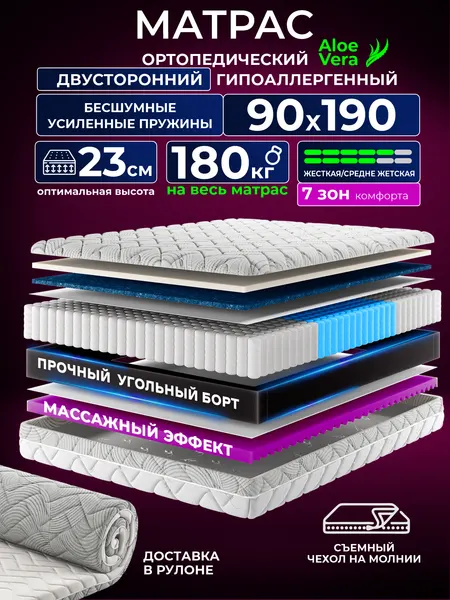 Ортопедический односпальный матрас 90х190 см на кровать, рулонный, независимый пружинный блок, съемный чехол Ами Мебель