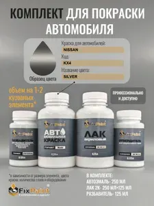 Комплект для покраски NISSAN, код KX4, SILVER, базовая автомобильная краска 250 мл, лак 2K 250 мл с отвердителем, разбавитель 125 мл, FixPaint Pro