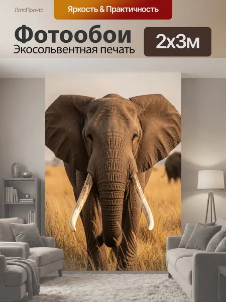 LotsPrints Фотообои "Африканский слон в саванне. Мощный серый." 2x3м