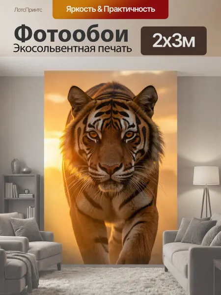 LotsPrints Фотообои "Тигр на закате. Хищная большая кошка идет." 2x3м