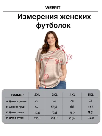 Женская футболка WEERIT Plus Size 70% хлопок 30% полиэстер 2XL–5XL свободный крой