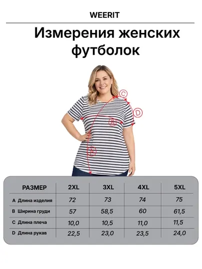 Женская футболка больших размеров WEERIT Comfort Stripe 60% полиэстер 40% хлопок 2XL–5XL