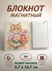 Блокнот магнитный "Кот с пионами, акварель"