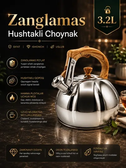 Чайник из нержавеющей стали, свистком, 3.2 л