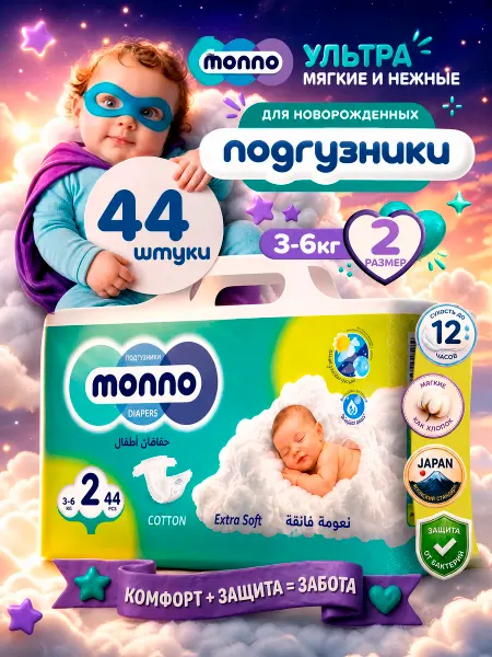 Monno Подгузники одноразовые 3-6 кг,размер №2, 44 шт