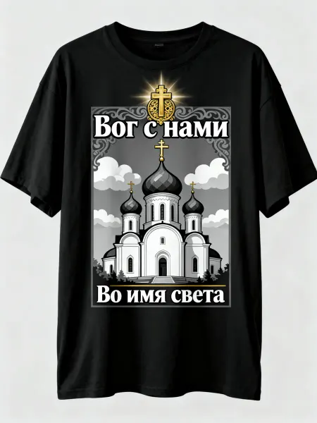 Футболка с православным храмом и крестом, надписями «Бог с н