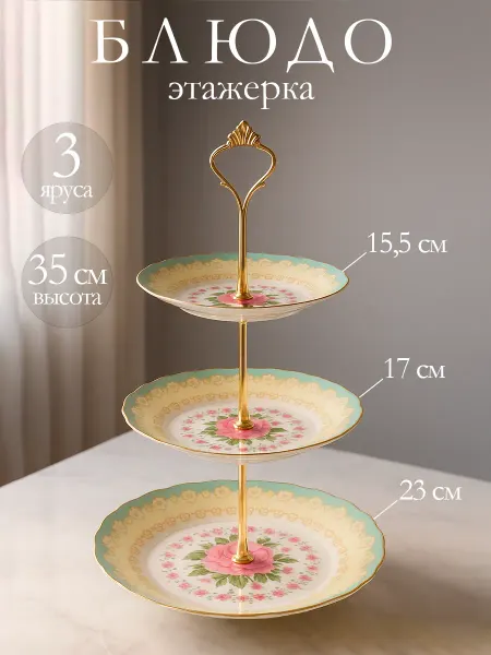 Доляна Блюдо этажерка сервировочное фруктовница «Цветы» 3 яруса