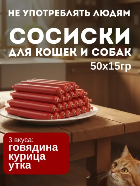 Лакомство для собак и кошек сосиски, 3 вкуса, 50 шт по 15 гр