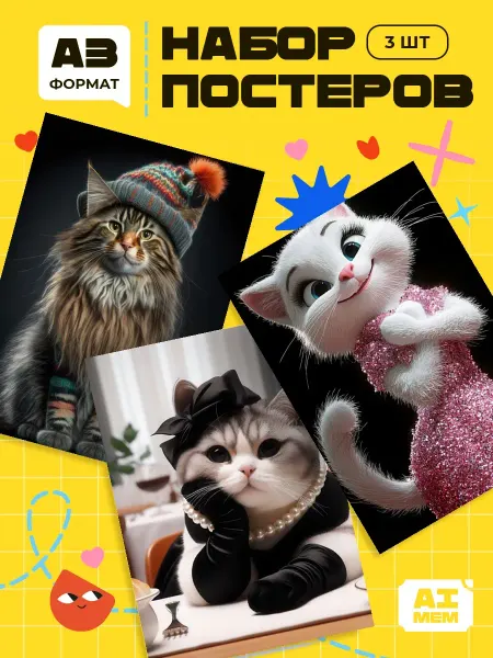 AIMEM Постеры Гламурные Кошки. 3шт. А3 (29,7х42см)