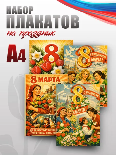 НАШЕ Store Набор плакатов А4, оформление школы на 8 марта, ретро СССР