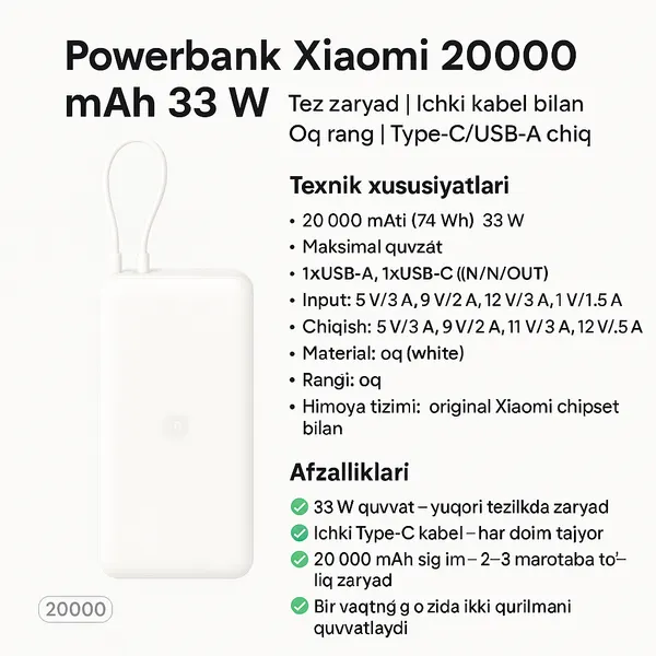 Внешний аккумулятор Xiaomi, 20000 mAh, быстрая зарядка 33Вт, с кабелем белый