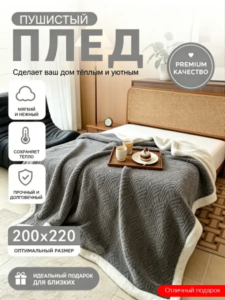 Плед 200х220, теплый, нежный к коже, для дивана и кровати