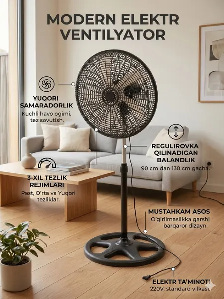 Вентилятор KONIG , 70W, 3 скорости, управление механическое, пластик, черный