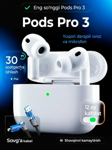 Наушники AirPods Pro 3 , беспроводные, ANC, влагозащита, кнопка ответа, сменные амбушюры