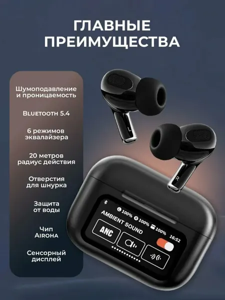 Наушники, беспроводные, c сенсорный дисплеем, AirPods Pro2, ANC/ENC, шумоподавление, чистым звуком