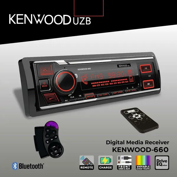 KENWOOD Автомагнитола радио KENWOOD с Bluetooth, USB, AUX и мощным звуком для авто