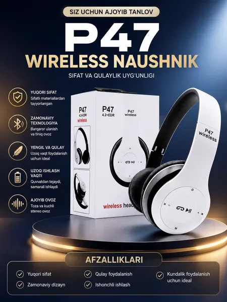 Беспроводные наушники P47 Bluetooth со стереозвуком, TF-картой, AUX и микрофоном