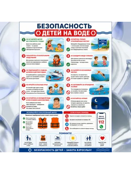 Плакат «Безопасность детей на воде» А3 самоклеящийся