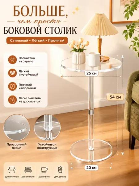 Прозрачный приставной столик круглой формы, акриловый