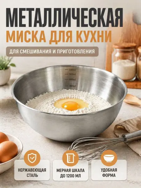 ОКЕН 3 Миска для кухни металлическая с мерной шкалой 1200 мл