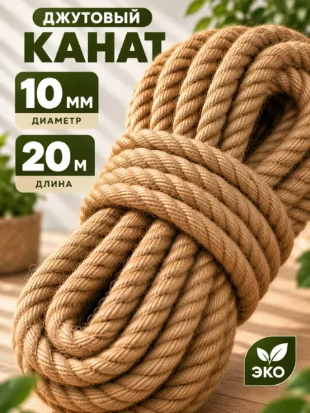 Канат джутовый 10 мм 20 м шнур веревка для когтеточки