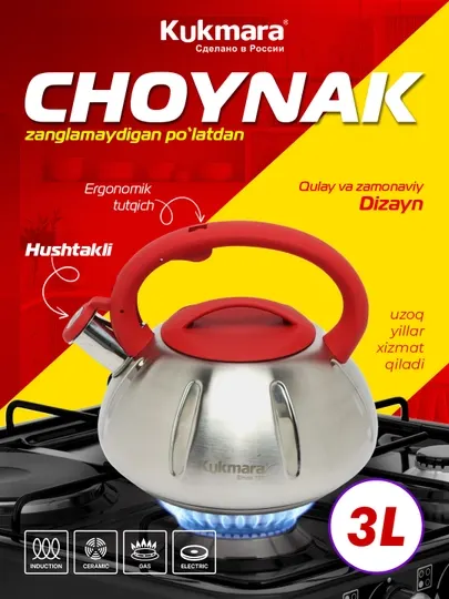 Чайник нержавейка стали, с разноцветный ручкой, 3.0 л