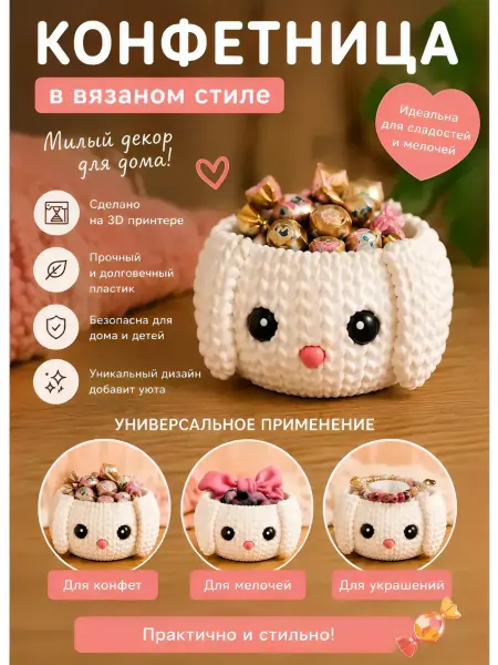 Конфетница тарелка Зайчик детская, вязаный стиль, 3д печать