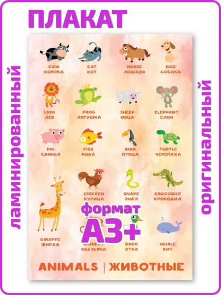Квинг Животные на английском языке плакат А3 ламинированный