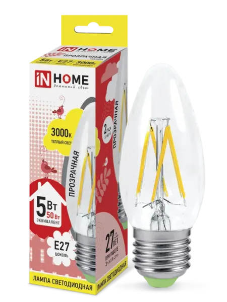 InHome Лампа светодиодная LED-СВЕЧА-deco 5Вт 230В Е27 3000К 450Лм