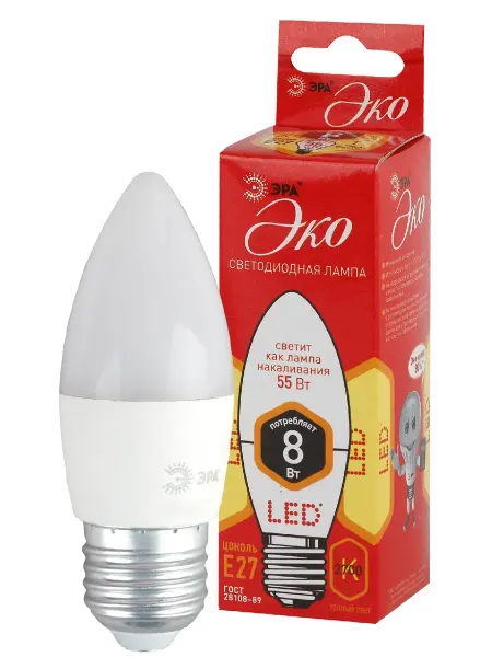 Лампа светодиодная ECO LED B35-8W-827-E27 R 8Вт свеча