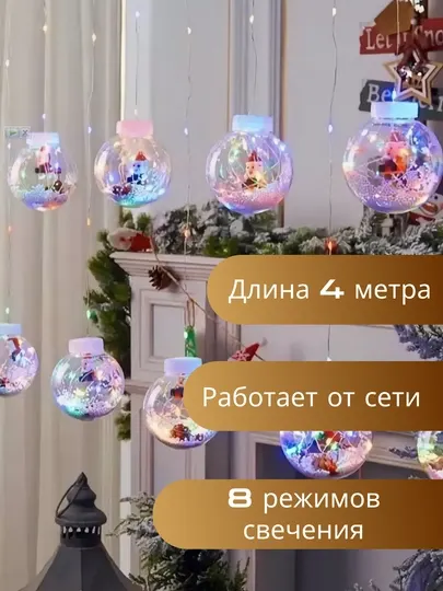 Новогодняя светодиодная гирлянда-штора, новогодние шары (10 шт) 3 метра