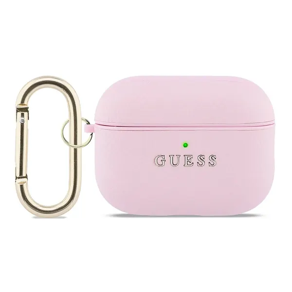 Guess чехол для Airpods Pro 3, зернистая кожа PU с классическим метал. лого, с карабином, розовый