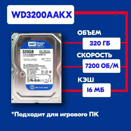 Western Digital 320 ГБ Внутренний жесткий диск WD3200AAKX, 3.5", 7200 об/мин, SATA III 6 Гбит/с (WD3200AAKX)