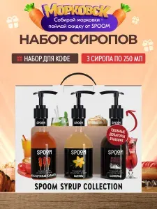 Набор сиропов Spoom для кофе Французская карамель, Ваниль, Шоколад в фирменной упаковке (3 шт по 330 г / 250 мл) + 3 дозатора в подарок