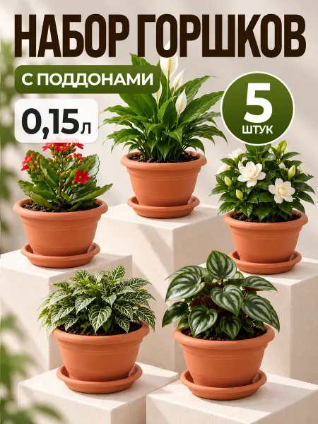 Горшки для растений коричневые 5 шт с поддонами