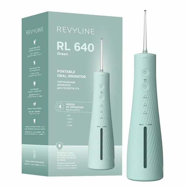 Ирригатор портативный Revyline RL640, зеленый, 3 насадки, 4 режима