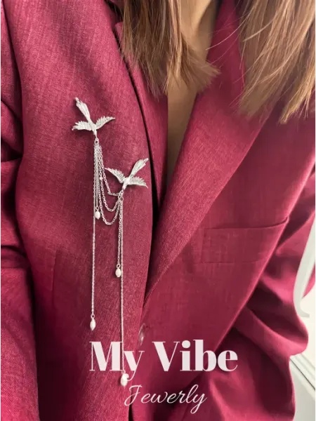 My Vibe Jewerly Брошь длинная птички с искусственным жемчугом